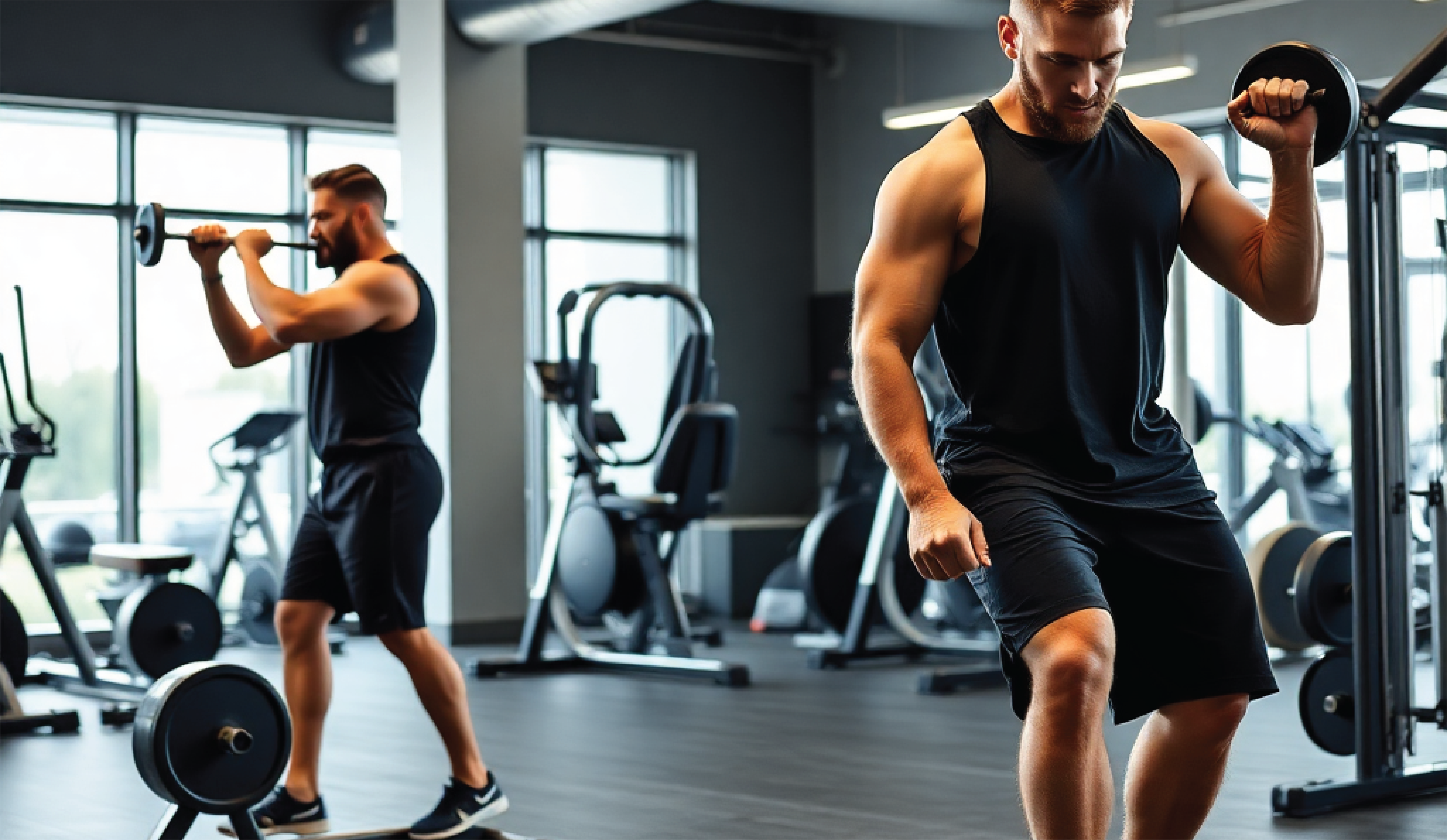 men working out in modern gym, male athletes exercising with weights and equipment